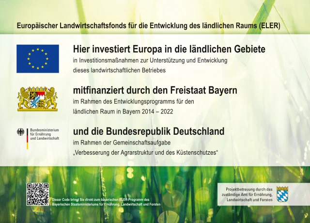 ELER-Förderhinweis mit EU-Logo, Bayerischem Staatswappen und Logo des Bundesministeriums für Ernährung und Landwirtschaft